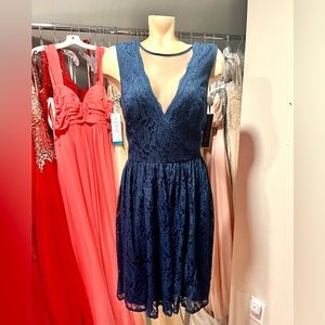 Navy Lace- Gather and Gown Dress with Sheer Neck. Size 10.